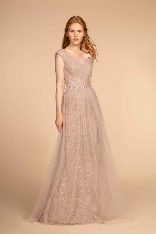 Applique Gown Elizabeth K - GL2560 Cap Sleeve Ruched Mesh Long Gown