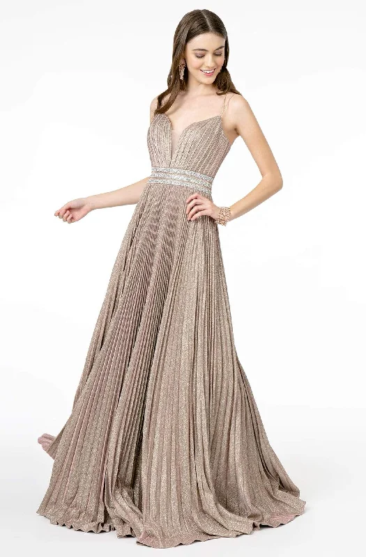 Stylish Taffeta Dress Elizabeth K - GL2905 Deep V Neck Pleated Metallic Glitter A-Line Gown