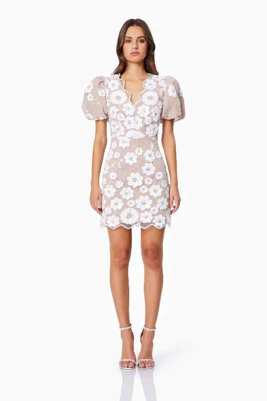 Modest Chiffon Dress Elodie Mini Puff Sleeve Dress in White