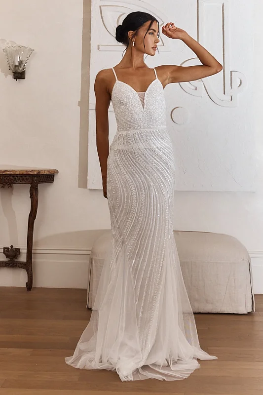 Sheer Panel Dress Eternal Love Sequin Godet Hem Maxi Dress White