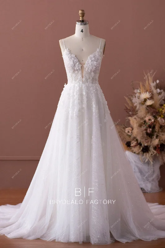 Timeless Gown Romantic Flower Lace Plunging Neck Sparkly Wedding Ball Gown