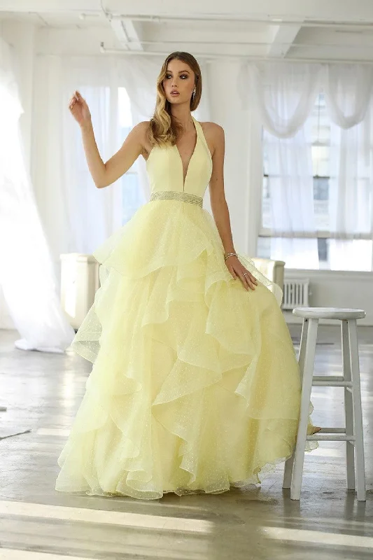 Statement Chiffon Dress Long Halter V Neck Ruffled Prom Dress Evening Gown