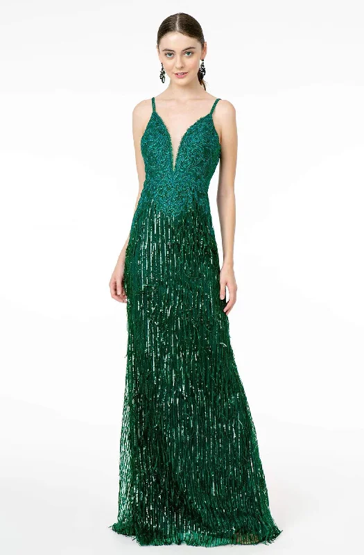 Fancy Beaded Gown GLS by Gloria - GL1824 Plunging Sequin Fringed Sheath Gown