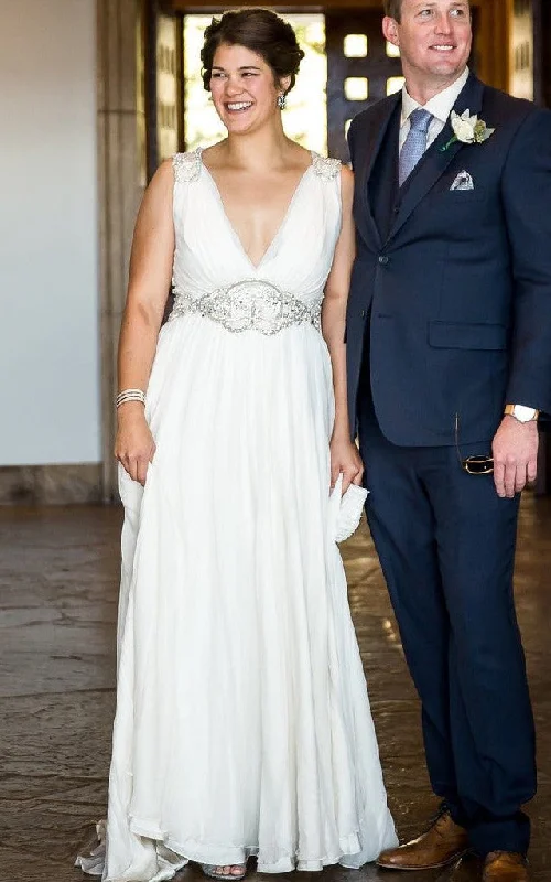 Satin Draped Gown Grecian A-Line V-neck Chiffon Wedding Dress With Open Back And Beading-716600