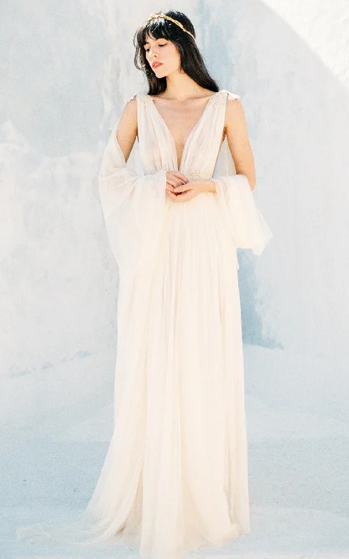 Garden Party Gown Grecian Plunging Neckline A-Line Tulle Wedding Dress With Low-V Back And Sash-716602 Garden Party Gown Grecian Plunging Neckline A-Line Tulle Wedding Dress With Low-V Back And Sash-716602