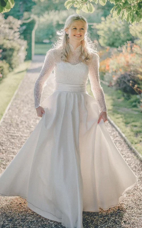 Show-Stopping Evening Gown High Neck A-Line Satin Modest Wedding Dress With Long Sleeve Sequins-716597 Show-Stopping Evening Gown High Neck A-Line Satin Modest Wedding Dress With Long Sleeve Sequins-716597