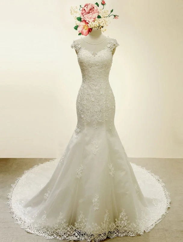 Simple Chiffon Dress High Qulity Lace Mermaid Wedding Dress Illusion Chaple Train Ivory Beading Bridal Gown Simple Chiffon Dress High Qulity Lace Mermaid Wedding Dress Illusion Chaple Train Ivory Beading Bridal Gown
