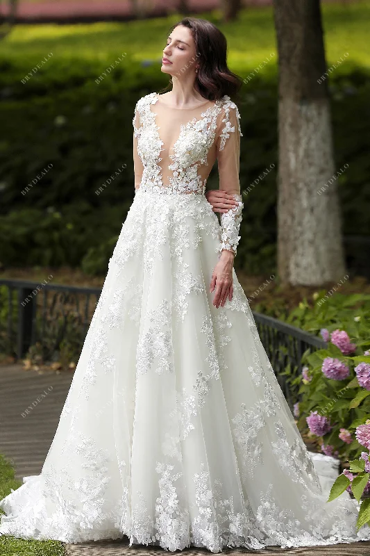 Stunning Silk Gown Romantic Flower Lace Illusion Long Sleeve Spring Wedding Dress