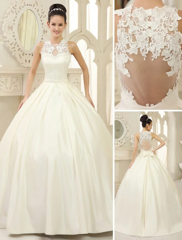 Chic Maxi Dress Ivory Ball Gown Jewel Neck Bow Floor-Length Satin Bridal Wedding Gown Exclusive Chic Maxi Dress Ivory Ball Gown Jewel Neck Bow Floor-Length Satin Bridal Wedding Gown Exclusive