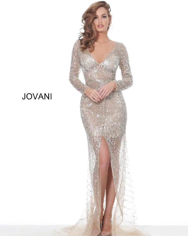 Charcoal Gray Gown Jovani 02497 Long Sleeve Formal Beaded Evening Gown