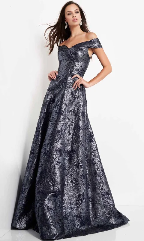 Sheer Panel Dress Jovani - 03674 Metallic Off Shoulder A-Line Gown