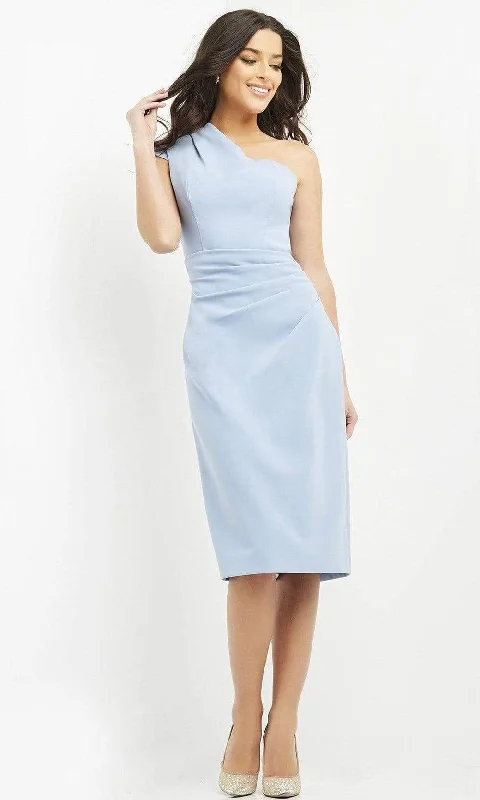 Puffy Sleeve Dress Jovani - 06835 One Shoulder Bodice Sheath Knee-Length Crepe Dress