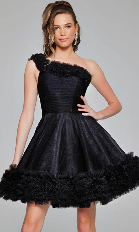 Ruched Satin Dress Jovani 39665 - Ruffle Trimmed Asymmetric Cocktail Dress