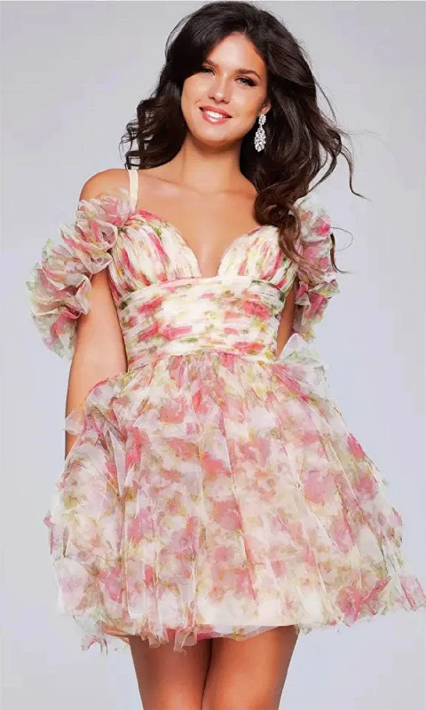 Brocade Formal Dress Jovani 40505 - Floral Printed Empire Waist Cocktail Dress