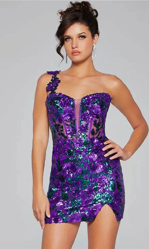 Subtle Shine Dress Jovani 40647 - One-Shoulder Sheer Corset Bodice Cocktail Dress