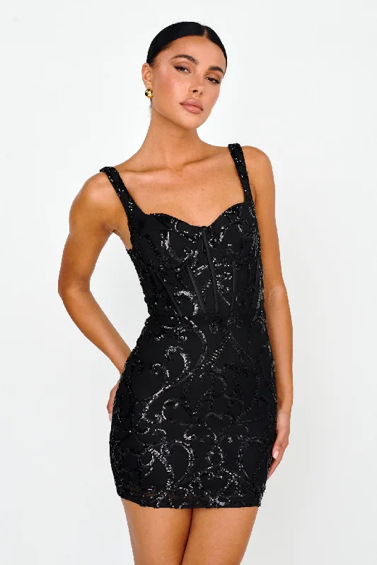 Rhinestone Embellished Dress Kaden Sequin Embellished Mini Dress Black