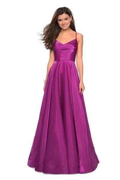 Fancy Evening Dress La Femme - 27226 Pleated V-neck Satin A-line Dress