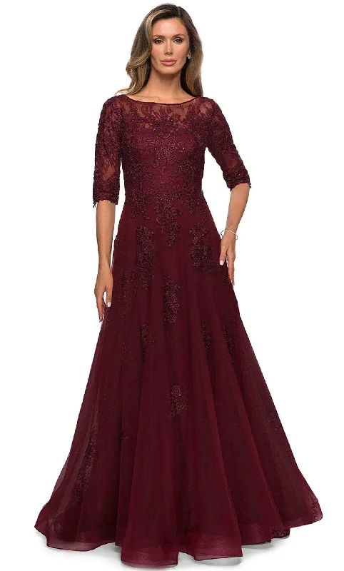 Trendy Party Dress La Femme - 28036 Quarter Length Sleeve Floral Lace A-Line Gown