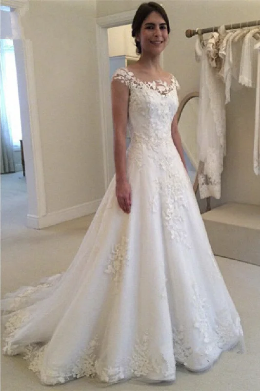 Gorgeous Party Dress Bateau Lace Adorable Bridal Dress With Illusion Button Back And Cap Sleeves-715801 Gorgeous Party Dress Bateau Lace Adorable Bridal Dress With Illusion Button Back And Cap Sleeves-715801