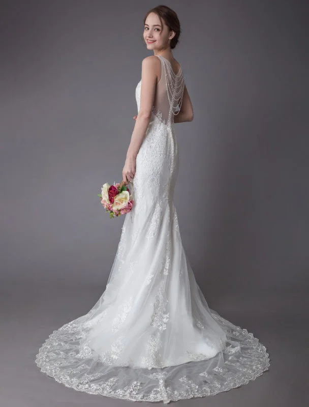 Dreamy Wedding Gown Lace Wedding Dress Ivory Illusion Neckline Sleeveless Chain Beach Wedding Dress Mermaid Bridal Gowns With Train Exclusive Dreamy Wedding Gown Lace Wedding Dress Ivory Illusion Neckline Sleeveless Chain Beach Wedding Dress Mermaid Bridal Gowns With Train Exclusive