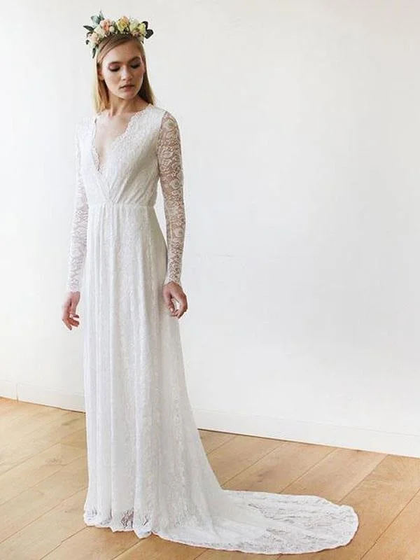 Fancy Evening Dress Lace Wedding Dress With Train A-Line Long Sleeves V-Neck Ivory Bridal Gowns Fancy Evening Dress Lace Wedding Dress With Train A-Line Long Sleeves V-Neck Ivory Bridal Gowns