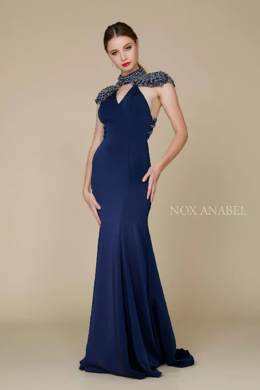 Glam Ball Gown Long Beaded Coverlet Evening Gown Prom Dress Navy Blue