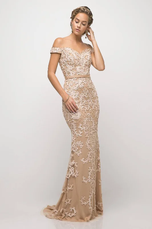 Embellished Maxi Dress Cinderella Divine UK012 Long Formal Off Shoulder Beaded Lace Prom Dress