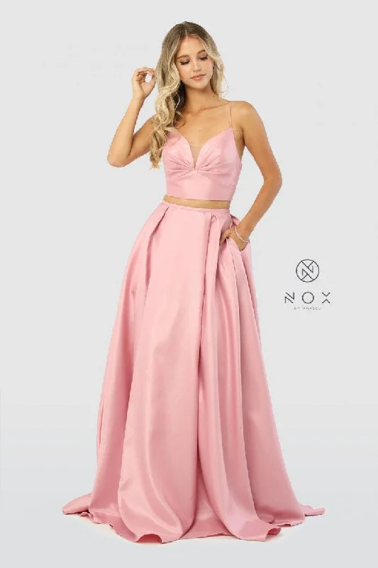 Midnight Blue Gown Long Two Piece Prom Dress with Pockets