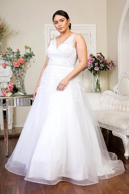 Empire Waist Gown Long Sleeveless Embroidered Mesh Wedding Dress