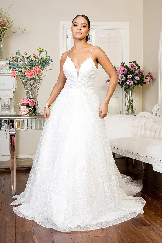 Dreamy Tulle Skirt Long Spaghetti Strap Glitter Mesh Wedding Gown