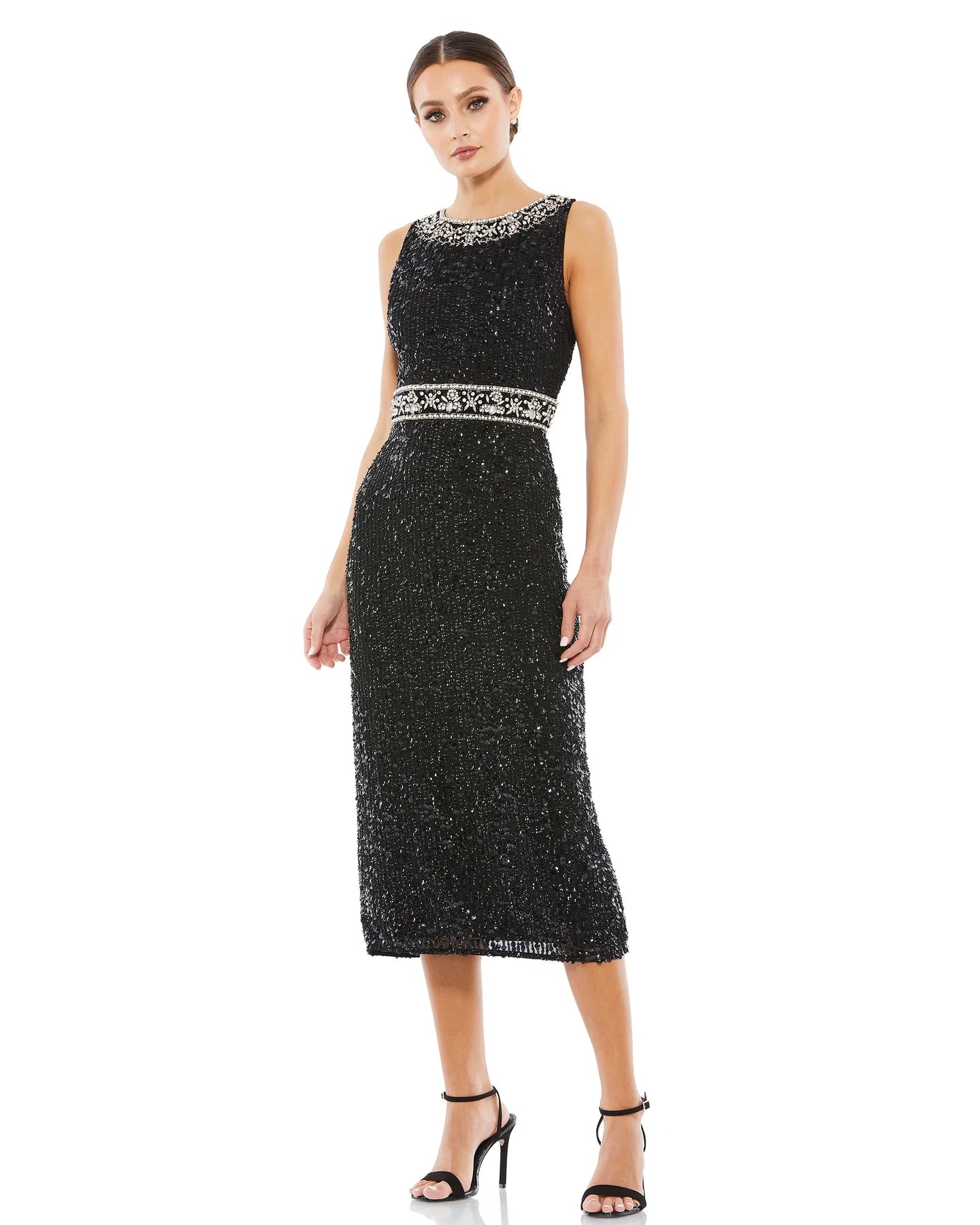 Rhinestone Embellished Dress Mac Duggal - 10739 Sequin Jewel Neck Sheath Dress