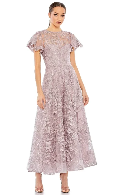 Party Ready Dress Mac Duggal 50665 - Floral Lace Jewel Neck Midi Dress