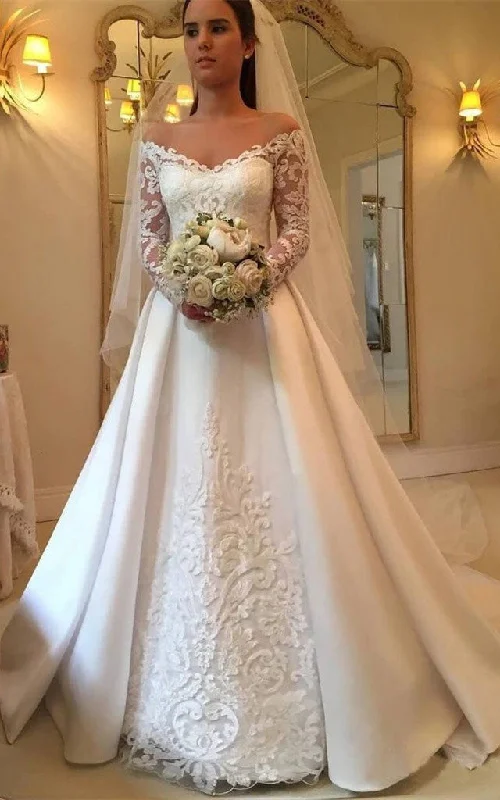 Artistic Embroidered Dress Magnificent A Line Chapel Train Satin Wedding Dress with Appliques-716311 Artistic Embroidered Dress Magnificent A Line Chapel Train Satin Wedding Dress with Appliques-716311