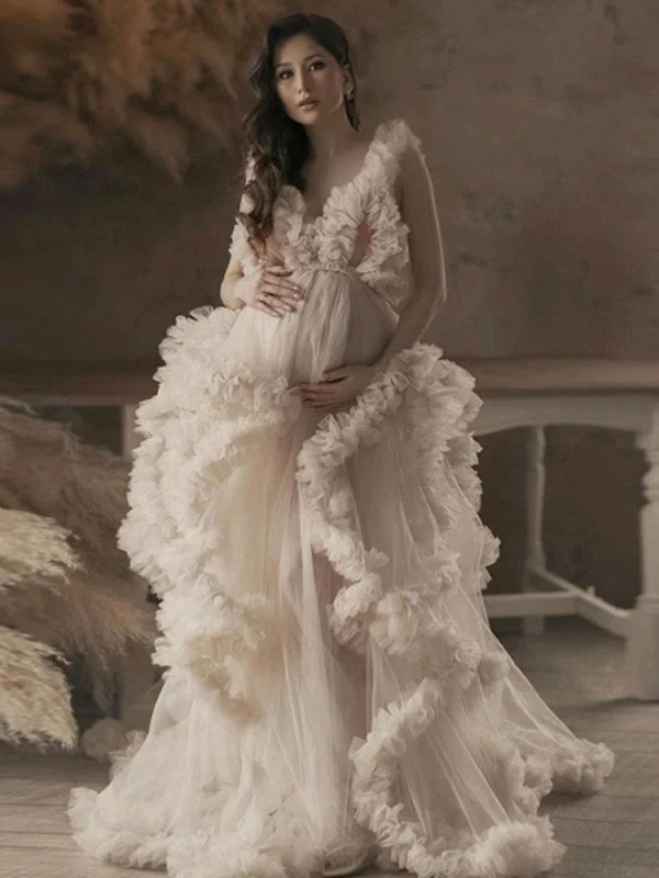 Statement Chiffon Dress Maternity Wedding Dress Ecru White V-Neck Sleeveless Tulle Long Bridge Gowns With Train Statement Chiffon Dress Maternity Wedding Dress Ecru White V-Neck Sleeveless Tulle Long Bridge Gowns With Train