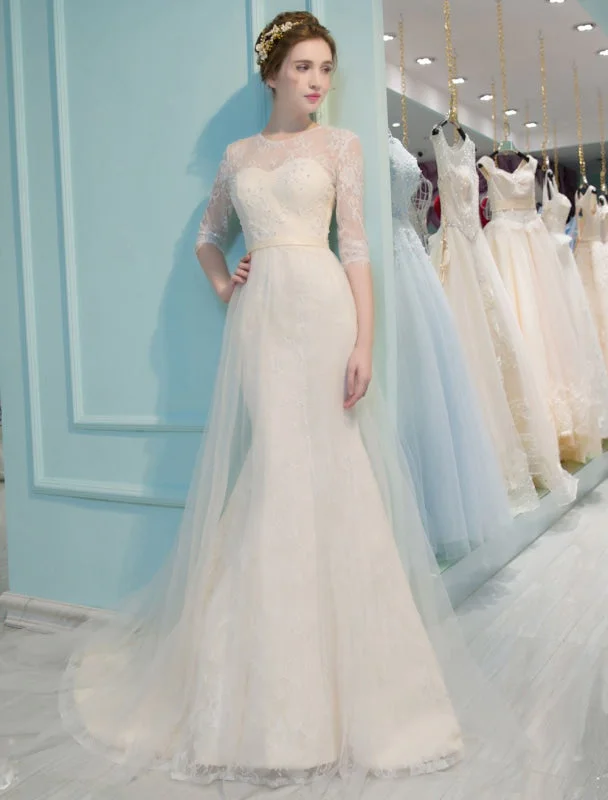Simple Chiffon Dress Mermaid Wedding Dresses Lace Half Sleeve Illusion Sweetheart Beading Keyhole Bridal Gown With Train Simple Chiffon Dress Mermaid Wedding Dresses Lace Half Sleeve Illusion Sweetheart Beading Keyhole Bridal Gown With Train