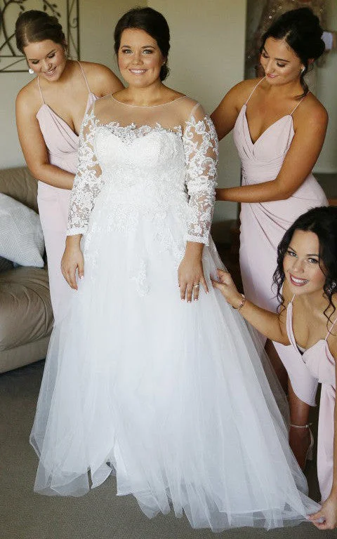 Trendy Party Dress Modest Plus Size Long Sleeve Lace A Line Illusion Wedding Dress with Appliques-716290 Trendy Party Dress Modest Plus Size Long Sleeve Lace A Line Illusion Wedding Dress with Appliques-716290
