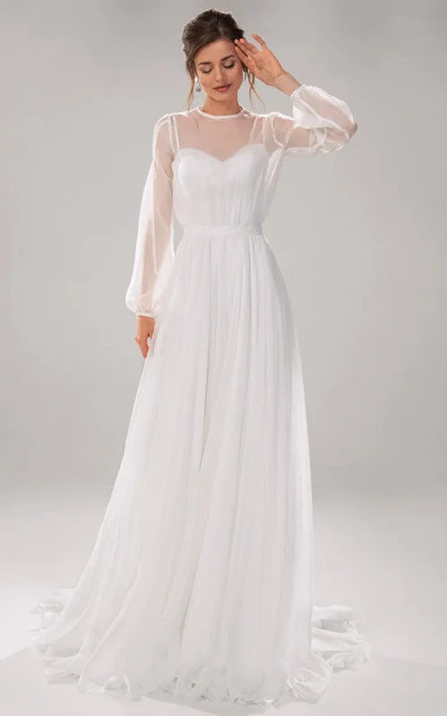 Timeless Gown Modest A Line Jewel Chiffon Long Sleeve Wedding Dress with Train-716373 Timeless Gown Modest A Line Jewel Chiffon Long Sleeve Wedding Dress with Train-716373