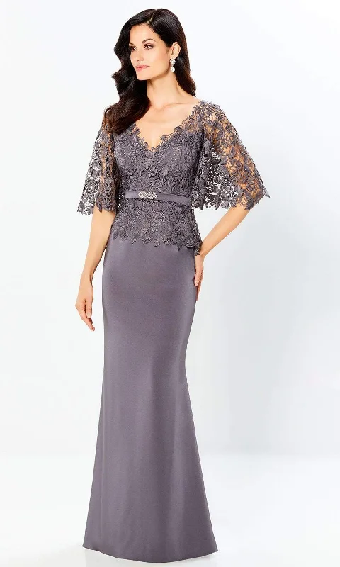 Ruched Satin Dress Montage by Mon Cheri - 220946 Flutter Sleeve Lace Sheath Dress