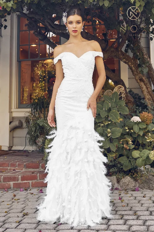 Charcoal Gray Gown Nox Anabel C1106W Long Fitted Mermaid Feather Lace Wedding Gown Prom Dress off the shoulder Charcoal Gray Gown Nox Anabel C1106W Long Fitted Mermaid Feather Lace Wedding Gown Prom Dress off the shoulder