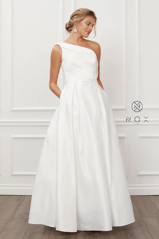 Stunning Applique Dress Nox Anabel E469 White Wedding Dress Formal Gown One Shoulder A line sizes 2, 8, 14 Stunning Applique Dress Nox Anabel E469 White Wedding Dress Formal Gown One Shoulder A line sizes 2, 8, 14