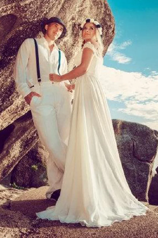 Midnight Blue Gown Off-The-Shoulder Lace Beach Chiffon Split Front Wedding Dress With Lace-714909 Midnight Blue Gown Off-The-Shoulder Lace Beach Chiffon Split Front Wedding Dress With Lace-714909