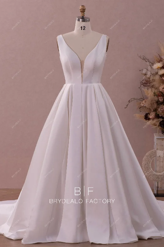Vivid Color Gown Simple Plunging Neck Mikado Ball Gown Church Wedding Dress