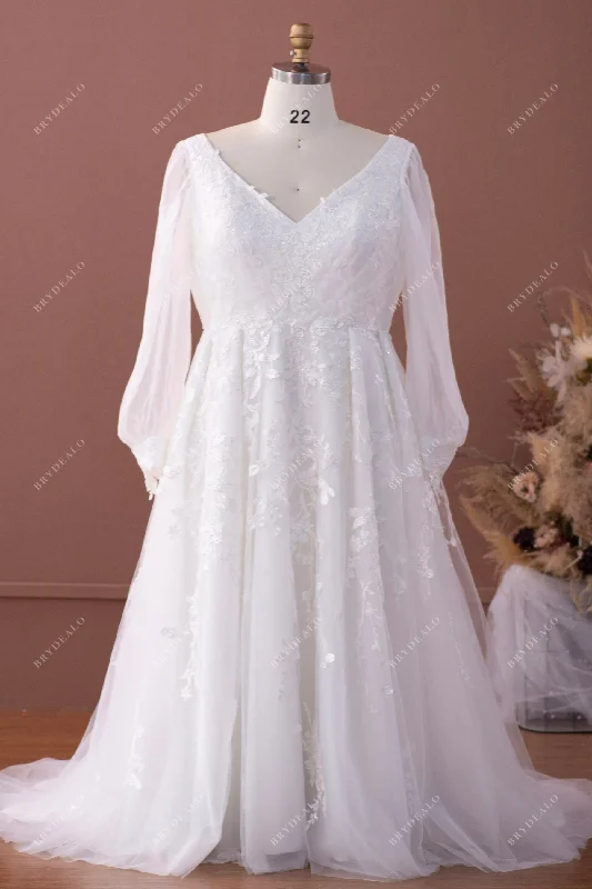 Figure-Flattering Gown Plus Size Boho Bubble Sleeve Lace A-line Wedding Dress