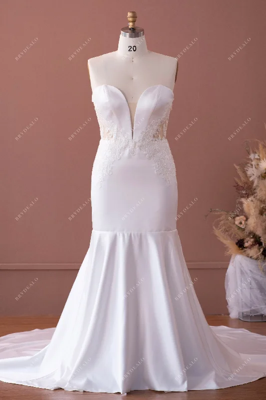 Glam Ball Gown Plus Size Lace Plunging Chapel Train Mermaid Wedding Dress