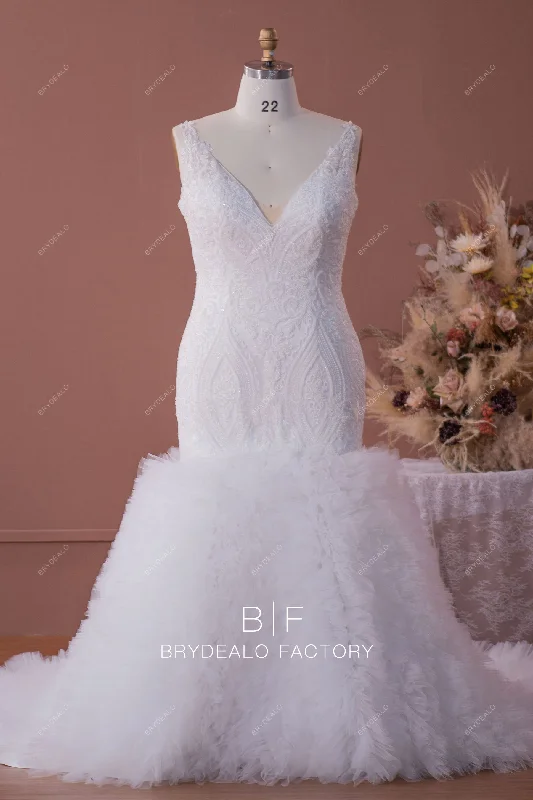 Elegant Wedding Gown Plus Size Modern Lace Ruffled Tulle Trumpet Wedding Gown