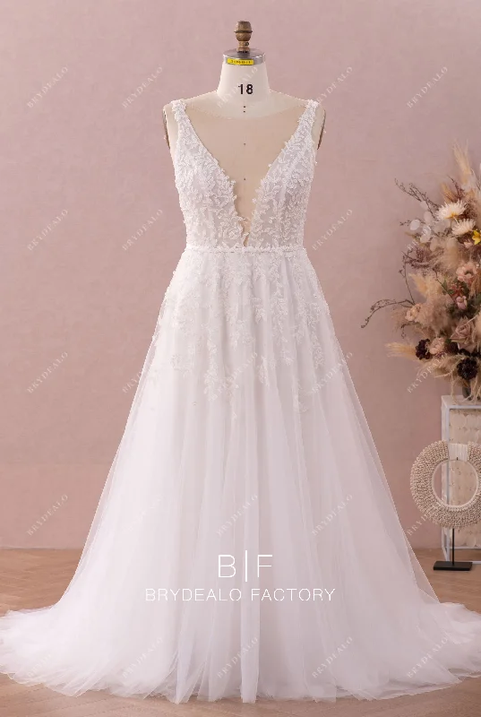 Tulle Skirt Dress Plus Size Sleeveless Deep V-neck Court Train Boho Lace Bridal Dress Tulle Skirt Dress Plus Size Sleeveless Deep V-neck Court Train Boho Lace Bridal Dress