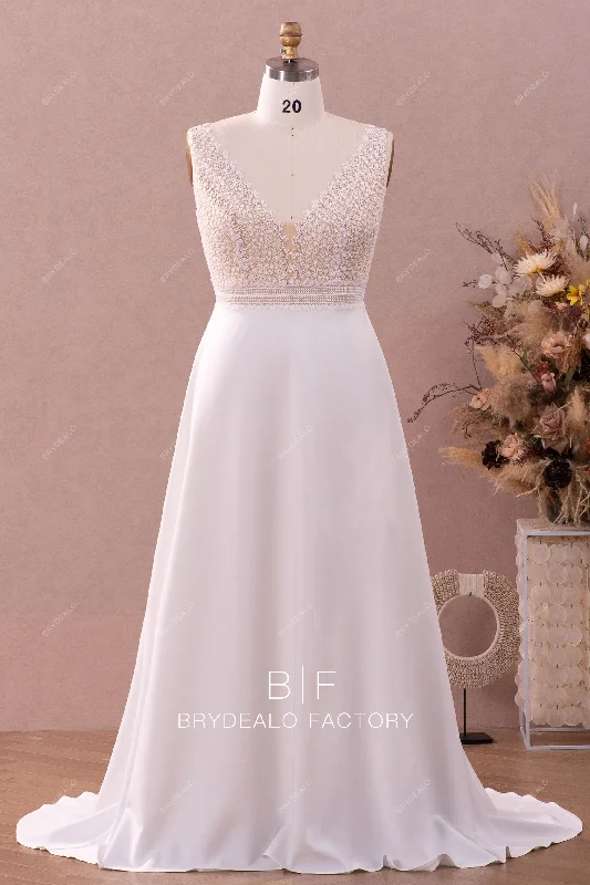 Elegant Beaded Dress Plus Size Straps Plunging Lace Crepe A-line Fall Wedding Dress Elegant Beaded Dress Plus Size Straps Plunging Lace Crepe A-line Fall Wedding Dress