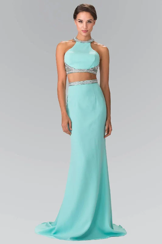 Open Back Dress Prom Beaded 2 Piece Set Halter Formal Dress