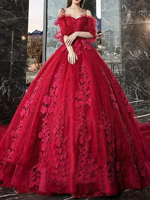 Embellished Maxi Dress Red Princess Wedding Dresses Tulle Half Sleeves Bridal Gown Applique Evening Party Dresses Embellished Maxi Dress Red Princess Wedding Dresses Tulle Half Sleeves Bridal Gown Applique Evening Party Dresses