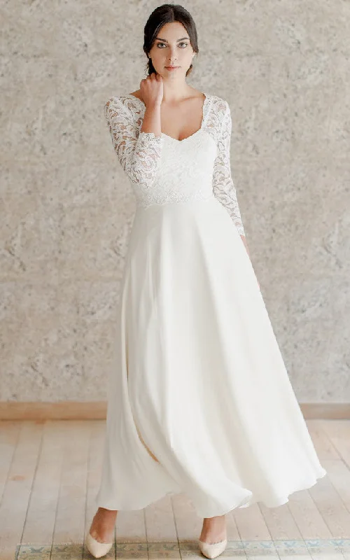 Stunning Applique Dress Romantic A Line Ankle-length 3/4 Length Sleeve Chiffon Queen Anne Wedding Dress-716184 Stunning Applique Dress Romantic A Line Ankle-length 3/4 Length Sleeve Chiffon Queen Anne Wedding Dress-716184